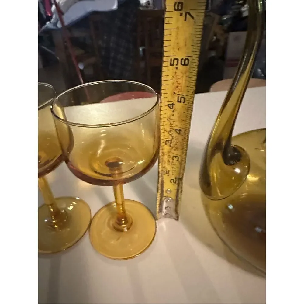 Vintage Cruet Side Spout Amber Glass Decanter  Pitcher Handblown & 2 Glasses MCM